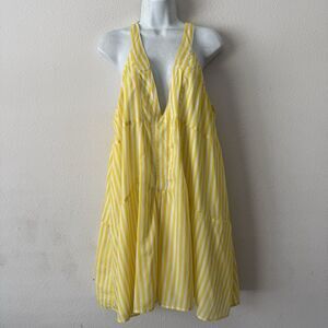 $295 KOCH Racer Back Striped Dress Size M Yellow Halter Plunging V-neck Coastal